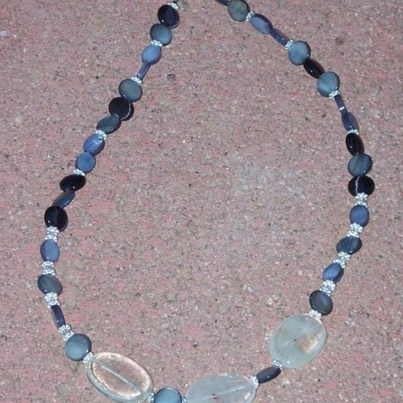 Handmad Grey & Black Necklace with Marbled Beads & Cloudy Agate Ovals 23 inches - Picture 10 of 16